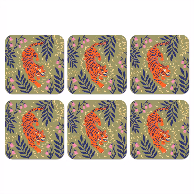 Onderzetter - Tijger - Bladeren - Dieren - Illustratie - Oranje — 1