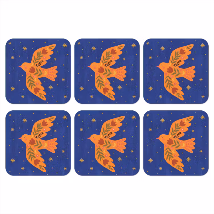 Onderzetter - Vogel - Bloemen - Decoratief - Oranje - Blauw — 1