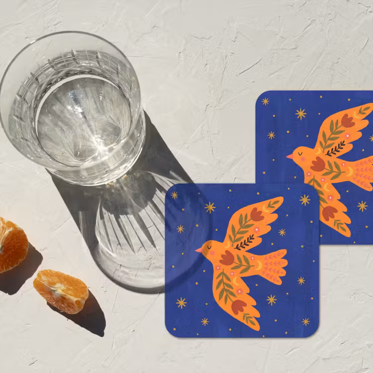 Onderzetter - Vogel - Bloemen - Decoratief - Oranje - Blauw — 2