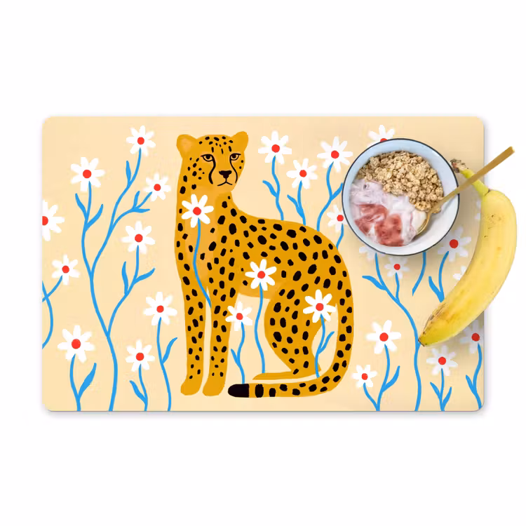 Placemat - 6 stuks - Dieren - Jachtluipaard - Bloemen - Modern - Geel — 1