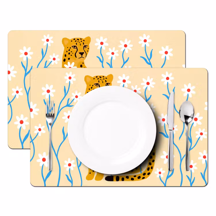 Placemat - 6 stuks - Dieren - Jachtluipaard - Bloemen - Modern - Geel — 2
