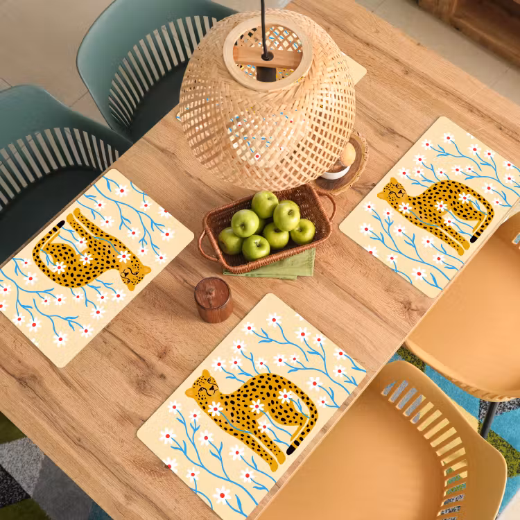 Placemat - 6 stuks - Dieren - Jachtluipaard - Bloemen - Modern - Geel — 6
