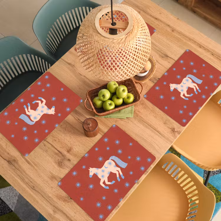 Placemat - 6 stuks - Dieren - Sterren - Maan - Abstract - Rood — 6