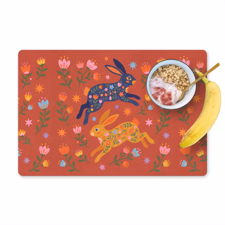 Placemat - 6 stuks - Konijn - Bloemen - Folk Art - Kleurrijk - Dieren — 1