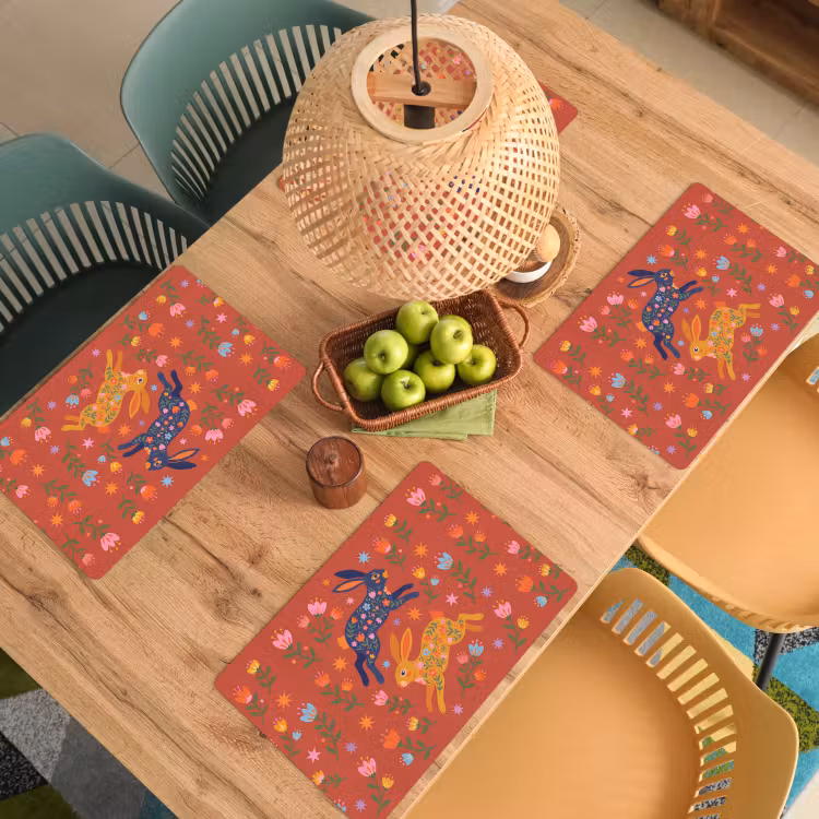 Placemat - 6 stuks - Konijn - Bloemen - Folk Art - Kleurrijk - Dieren — 6