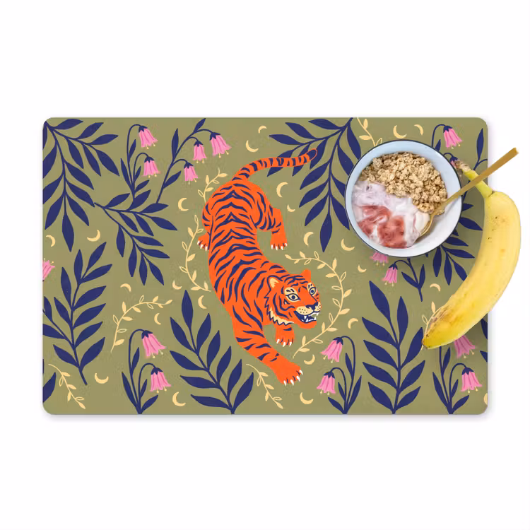 Placemat - 6 stuks - Tijger - Bladeren - Dieren - Illustratie - Oranje — 1