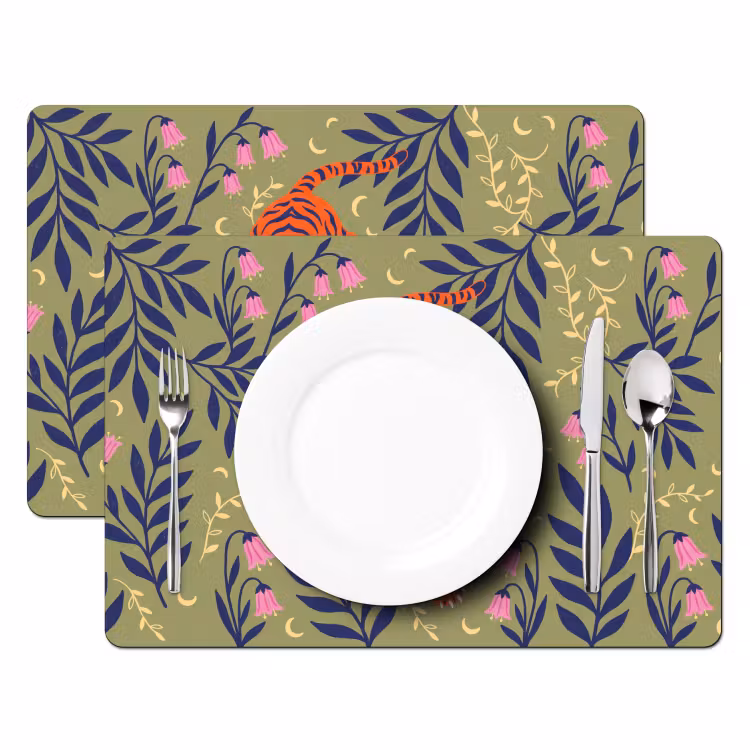 Placemat - 6 stuks - Tijger - Bladeren - Dieren - Illustratie - Oranje — 2