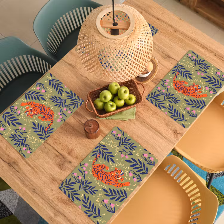 Placemat - 6 stuks - Tijger - Bladeren - Dieren - Illustratie - Oranje — 6