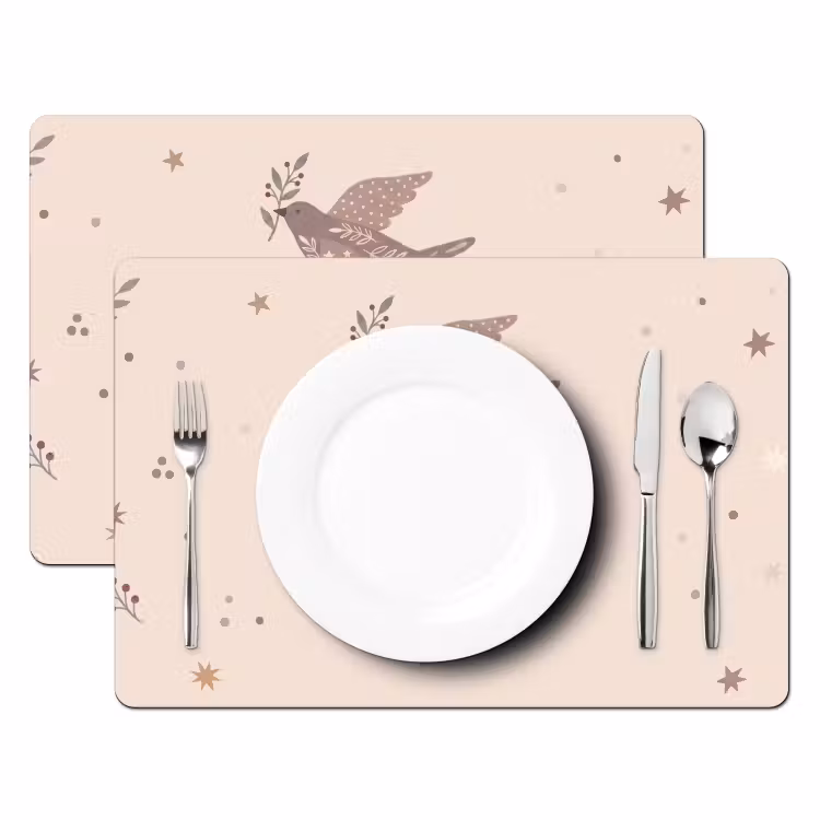 Placemat - 6 stuks - Vogel - Bessen - Natuur - Modern - Beige — 2