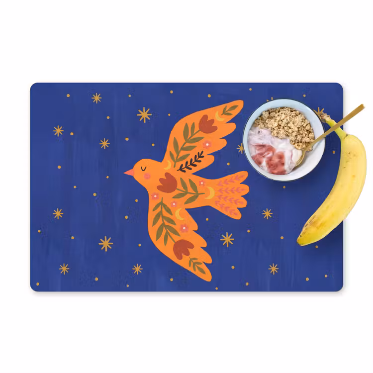 Placemat - 6 stuks - Vogel - Bloemen - Decoratief - Oranje - Blauw — 1
