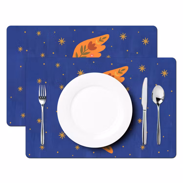 Placemat - 6 stuks - Vogel - Bloemen - Decoratief - Oranje - Blauw — 2