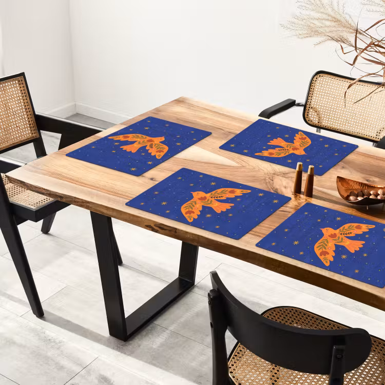 Placemat - 6 stuks - Vogel - Bloemen - Decoratief - Oranje - Blauw — 5