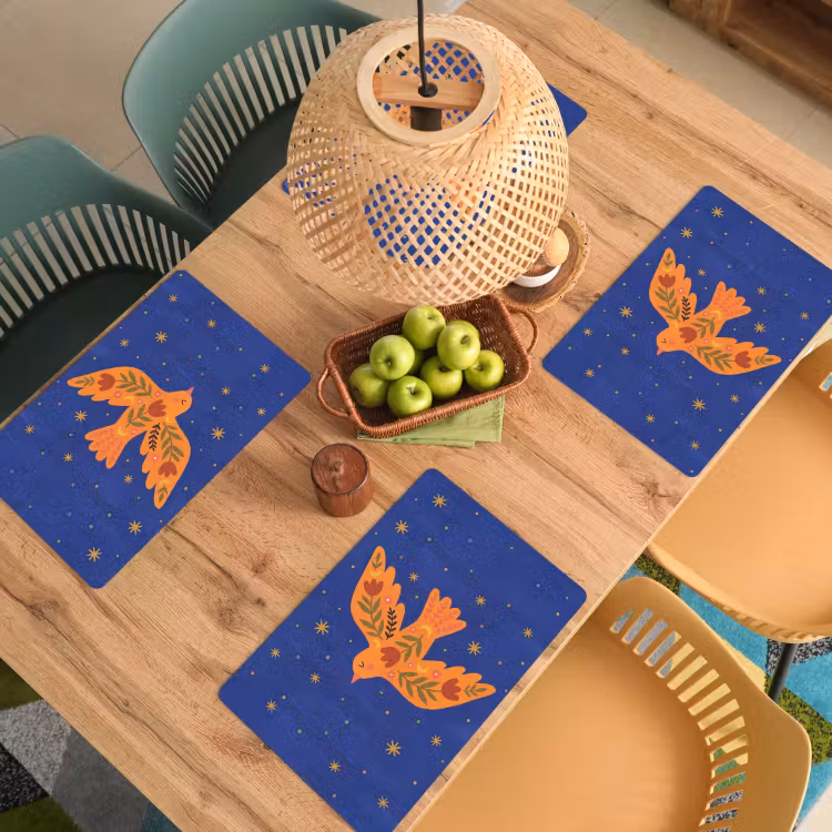 Placemat - 6 stuks - Vogel - Bloemen - Decoratief - Oranje - Blauw — 6