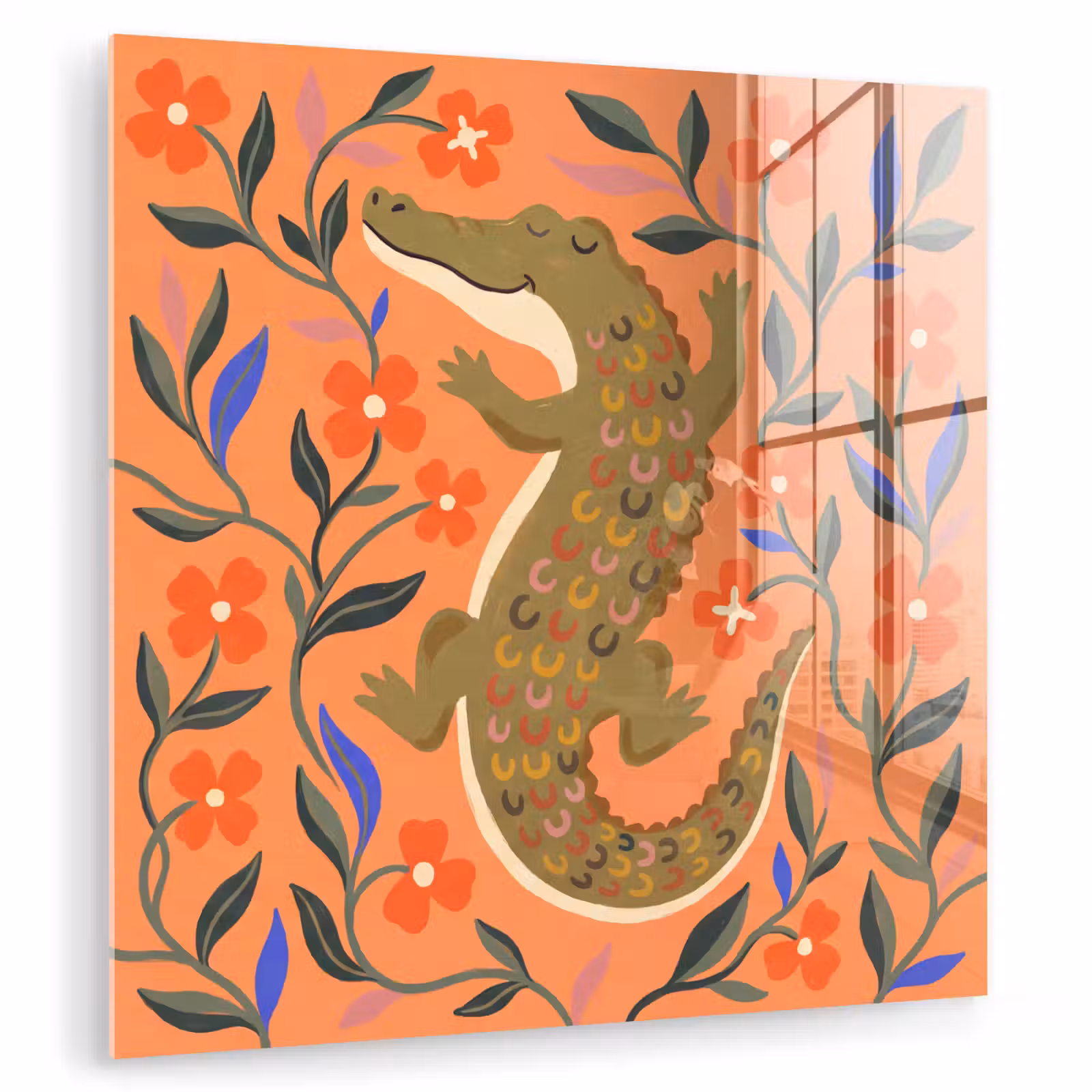 Glas schilderij - Dieren - Bloemen - Oranje - Illustratie - Natuur — 1