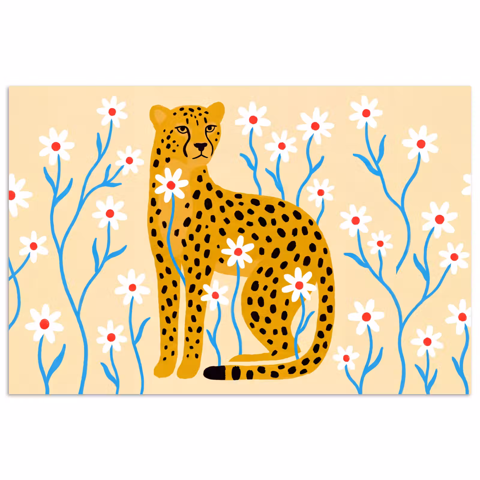 Poster - Dieren - Jachtluipaard - Bloemen - Modern - Geel — 1