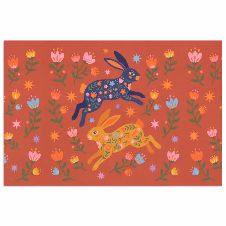 Poster - Konijn - Bloemen - Folk Art - Kleurrijk - Dieren — 1