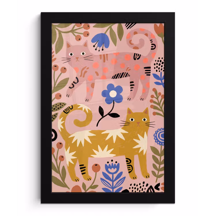 Poster met lijst - Kat - Bloemen - Dieren - Modern - Roze — 1