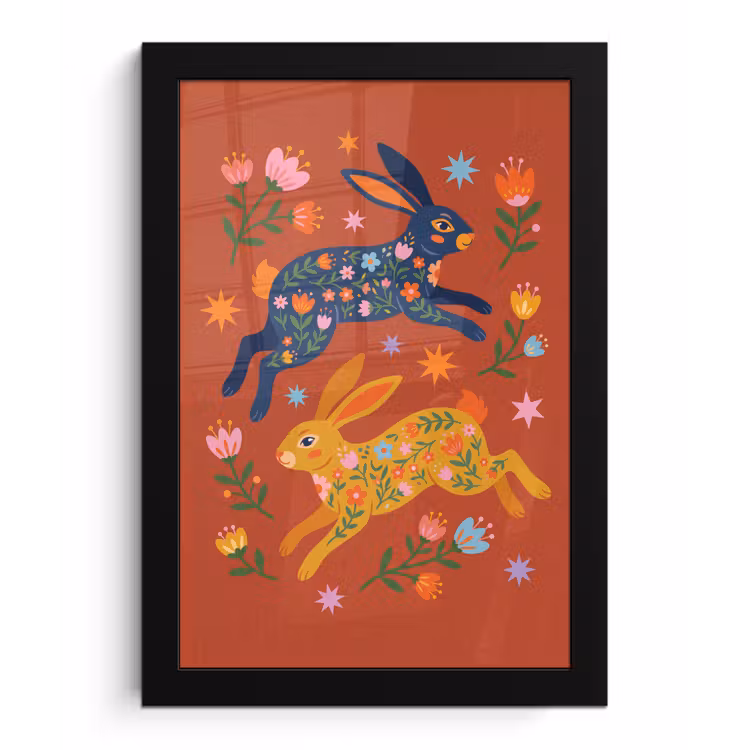 Poster met lijst - Konijn - Bloemen - Folk Art - Kleurrijk - Dieren — 1
