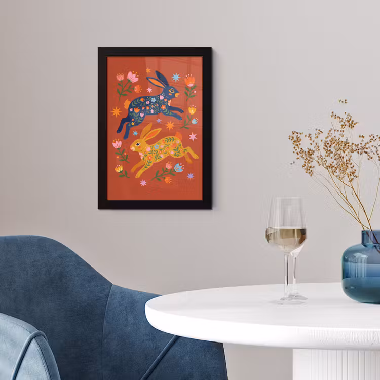 Poster met lijst - Konijn - Bloemen - Folk Art - Kleurrijk - Dieren — 2