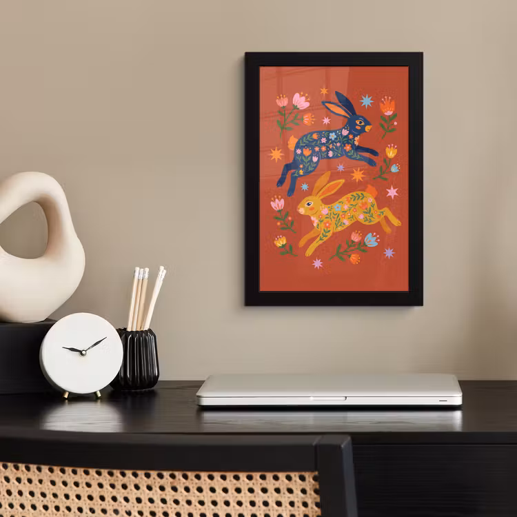 Poster met lijst - Konijn - Bloemen - Folk Art - Kleurrijk - Dieren — 3