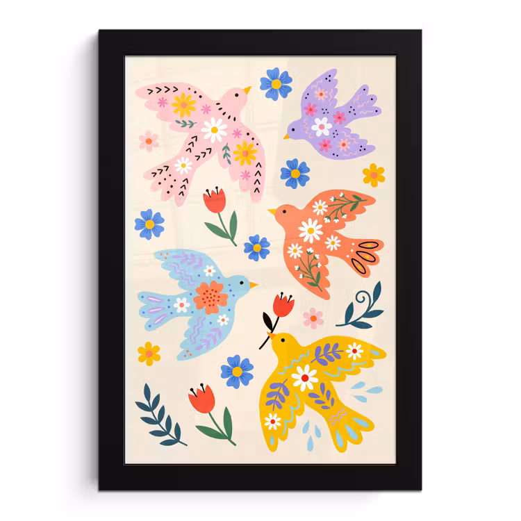 Poster met lijst - Vogel - Bloemen - Folk - Kleurrijk - Dieren — 1