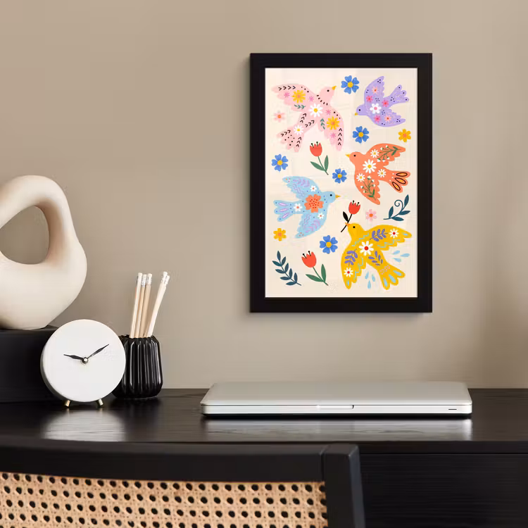 Poster met lijst - Vogel - Bloemen - Folk - Kleurrijk - Dieren — 3