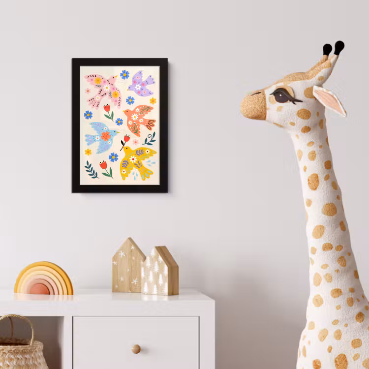 Poster met lijst - Vogel - Bloemen - Folk - Kleurrijk - Dieren — 5
