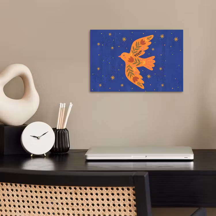 Poster - Vogel - Bloemen - Decoratief - Oranje - Blauw — 2