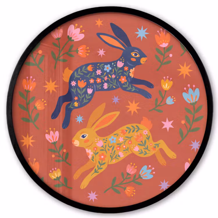 Ronde fotolijst - Konijn - Bloemen - Folk Art - Kleurrijk - Dieren — 1