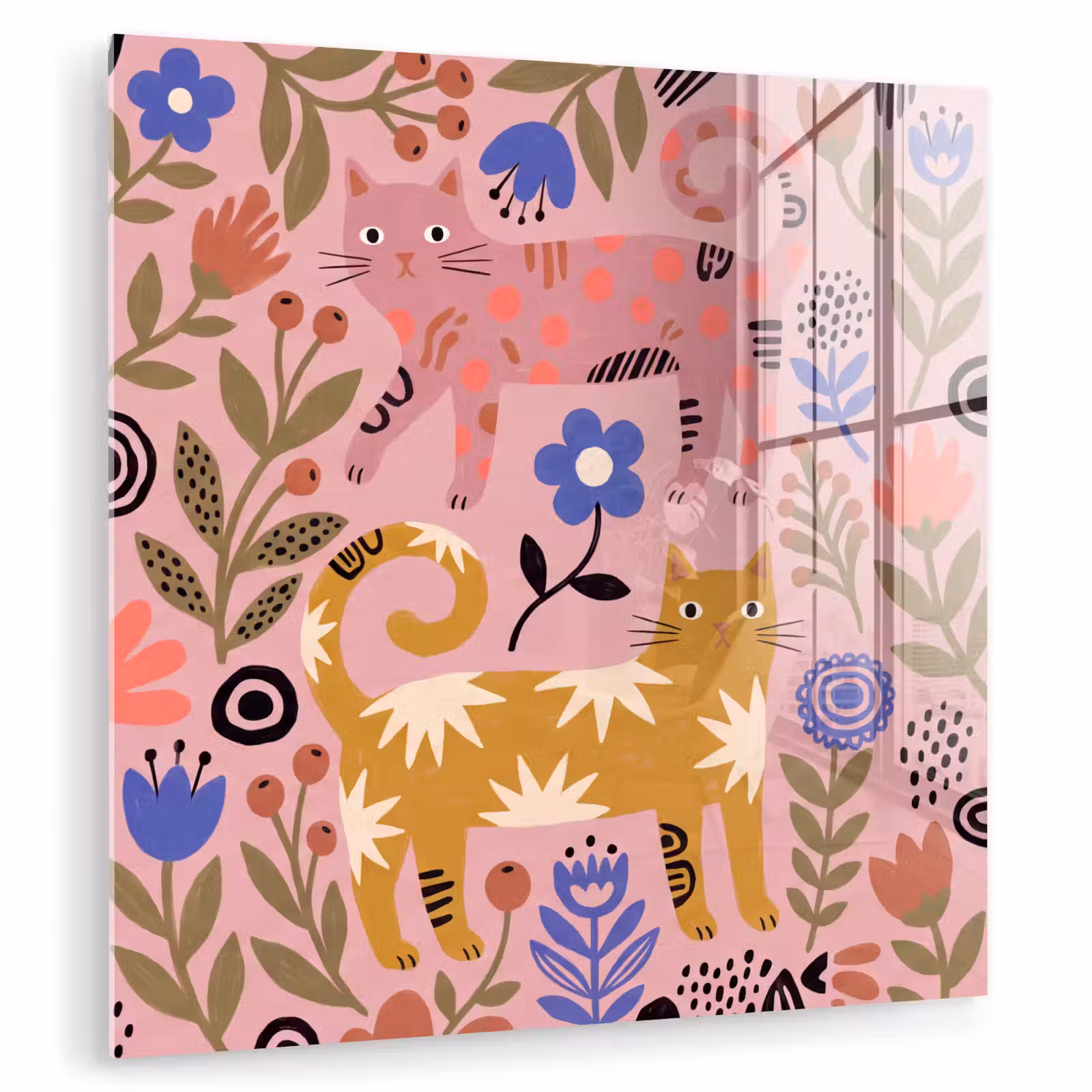 Glas schilderij - Kat - Bloemen - Dieren - Modern - Roze — 1