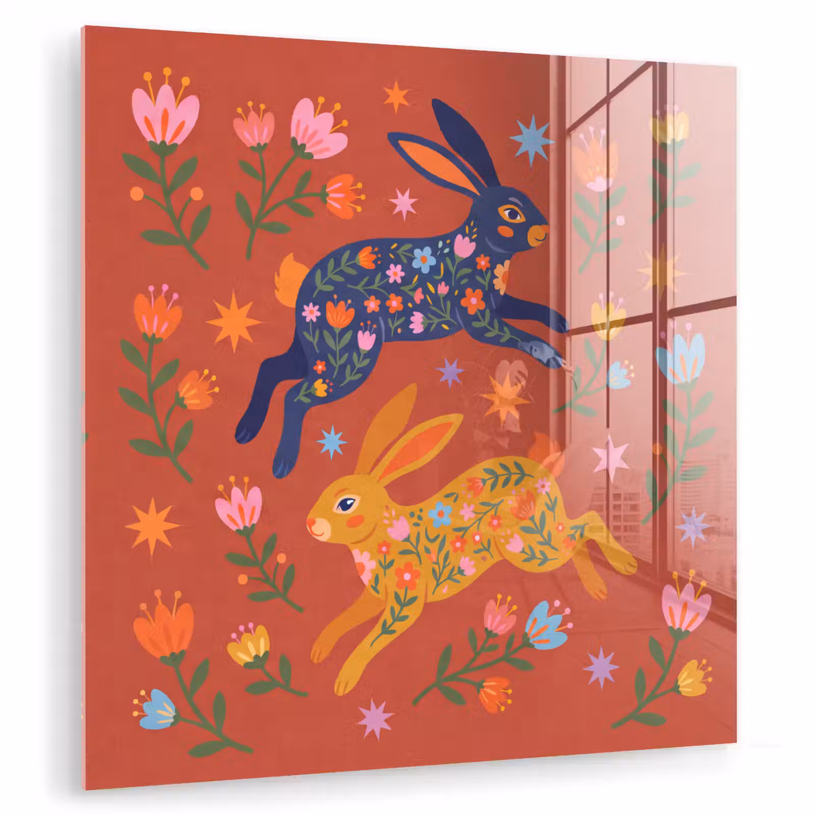 Glas schilderij - Konijn - Bloemen - Folk Art - Kleurrijk - Dieren — 1