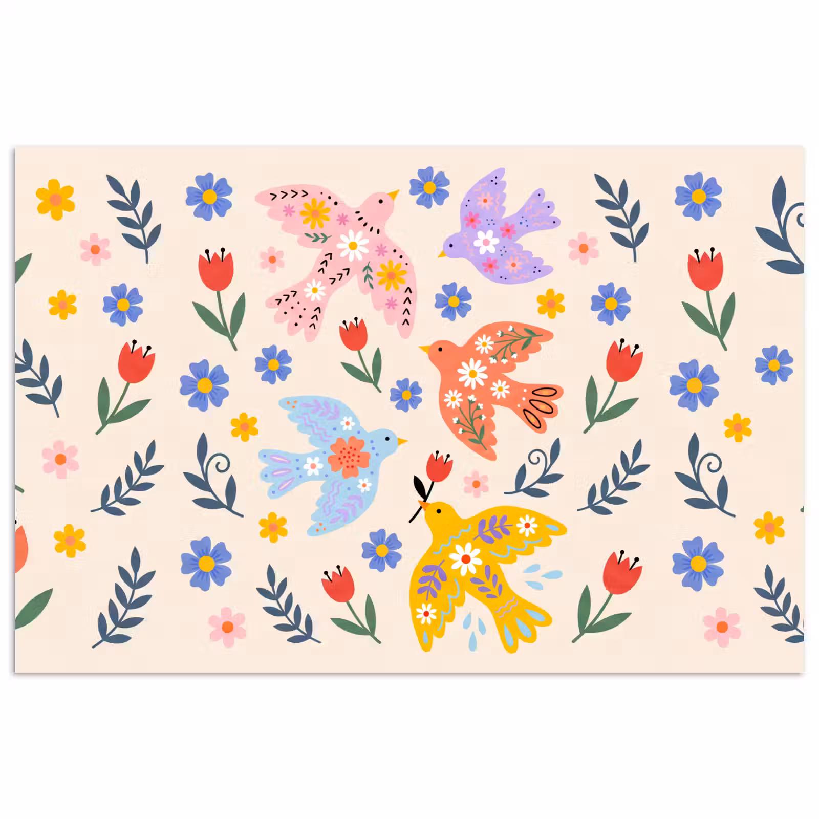 Poster - Vogel - Bloemen - Folk - Kleurrijk - Dieren — 1