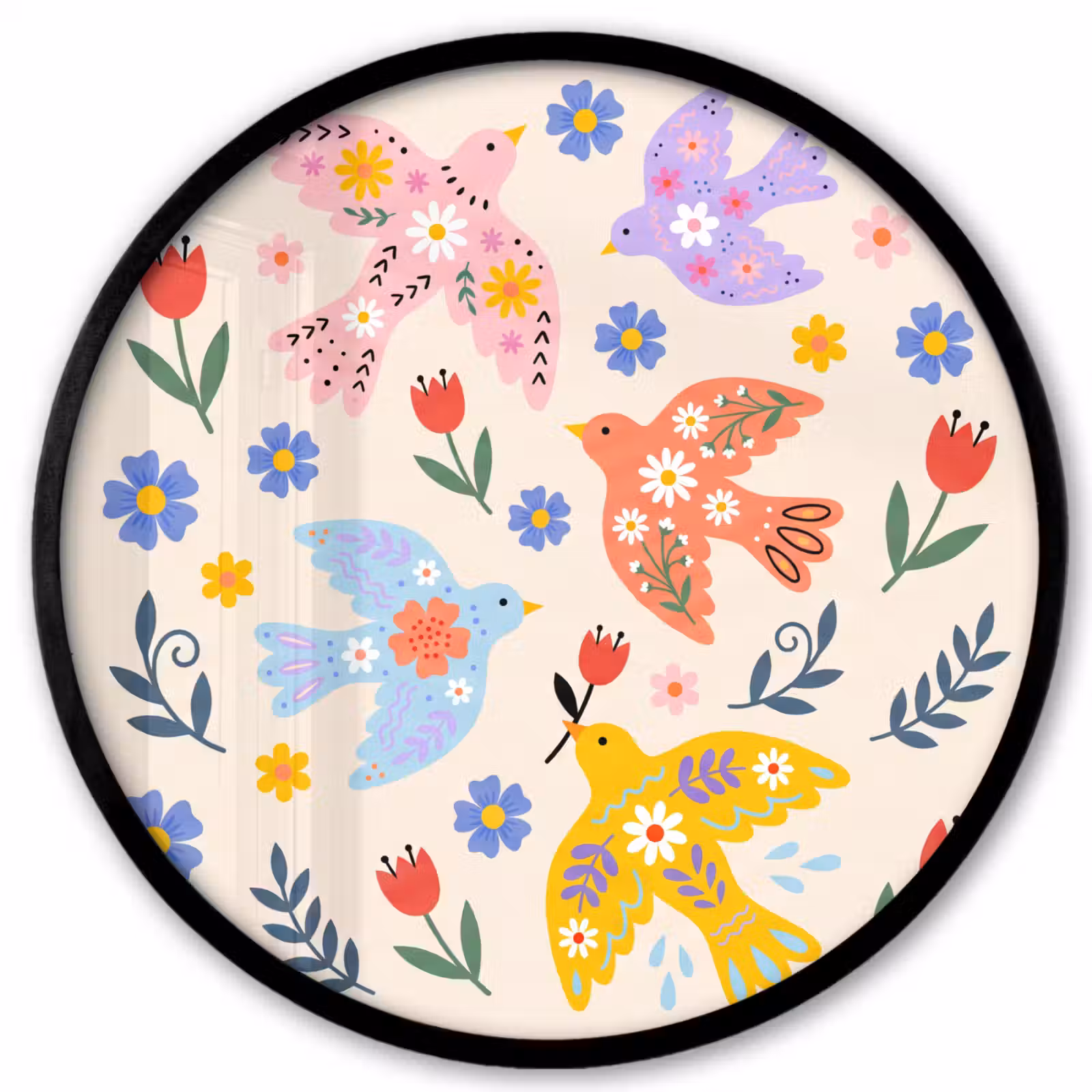 Ronde fotolijst - Vogel - Bloemen - Folk - Kleurrijk - Dieren — 1