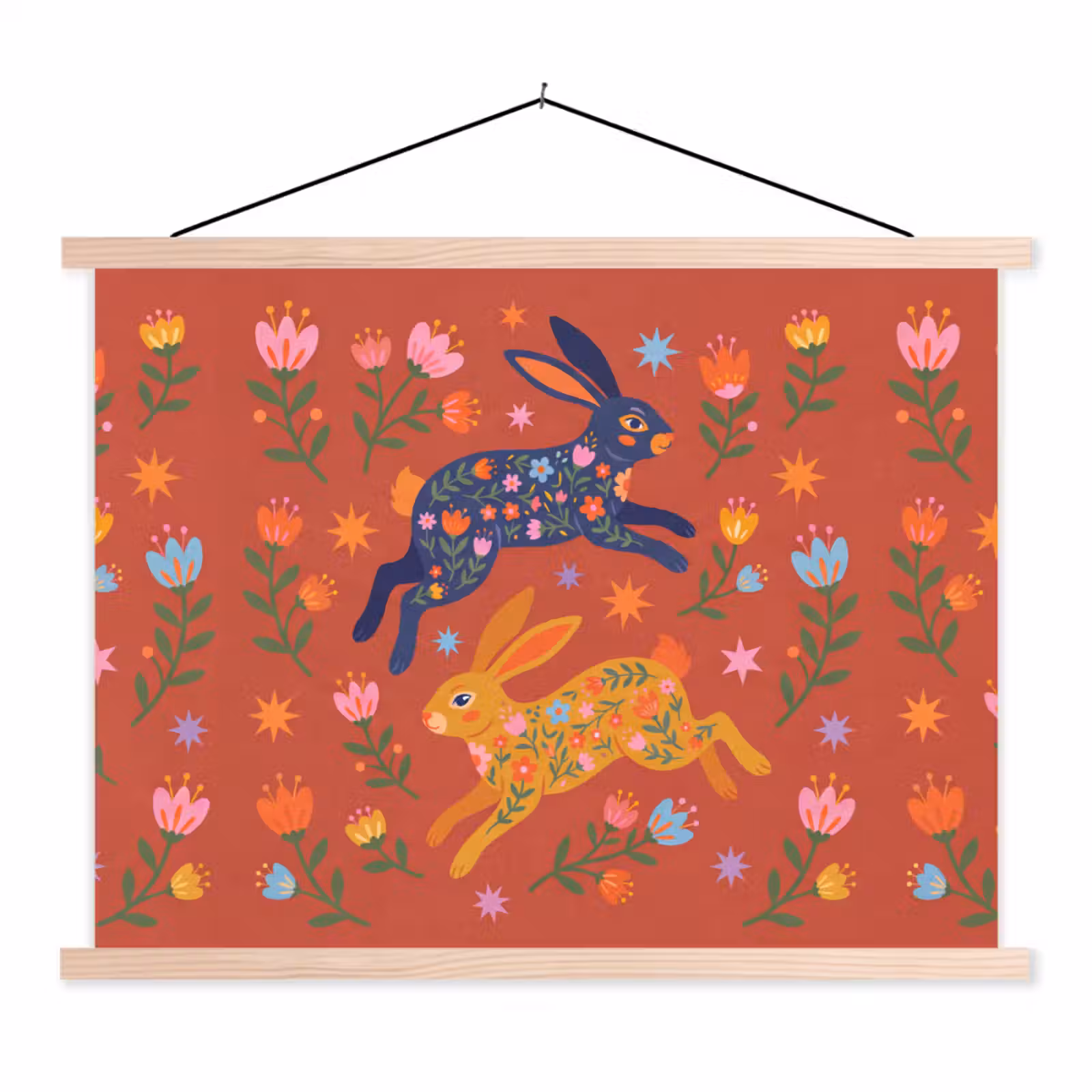 Schoolplaat - Konijn - Bloemen - Folk Art - Kleurrijk - Dieren — 1