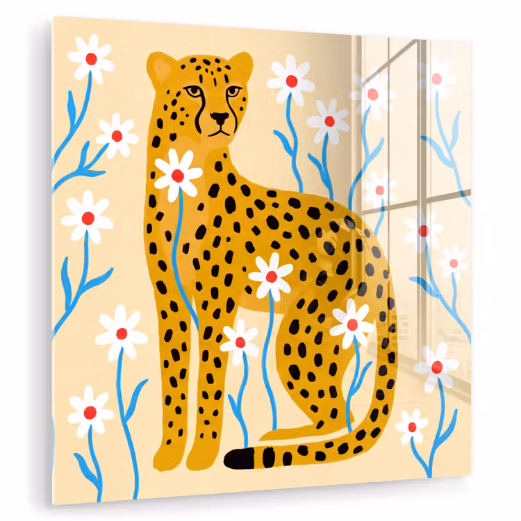 Glas schilderij - Dieren - Jachtluipaard - Bloemen - Modern - Geel — 1