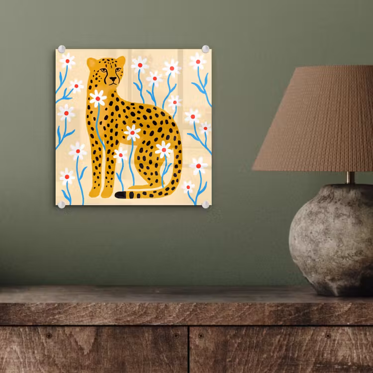 Glas schilderij - Dieren - Jachtluipaard - Bloemen - Modern - Geel — 4