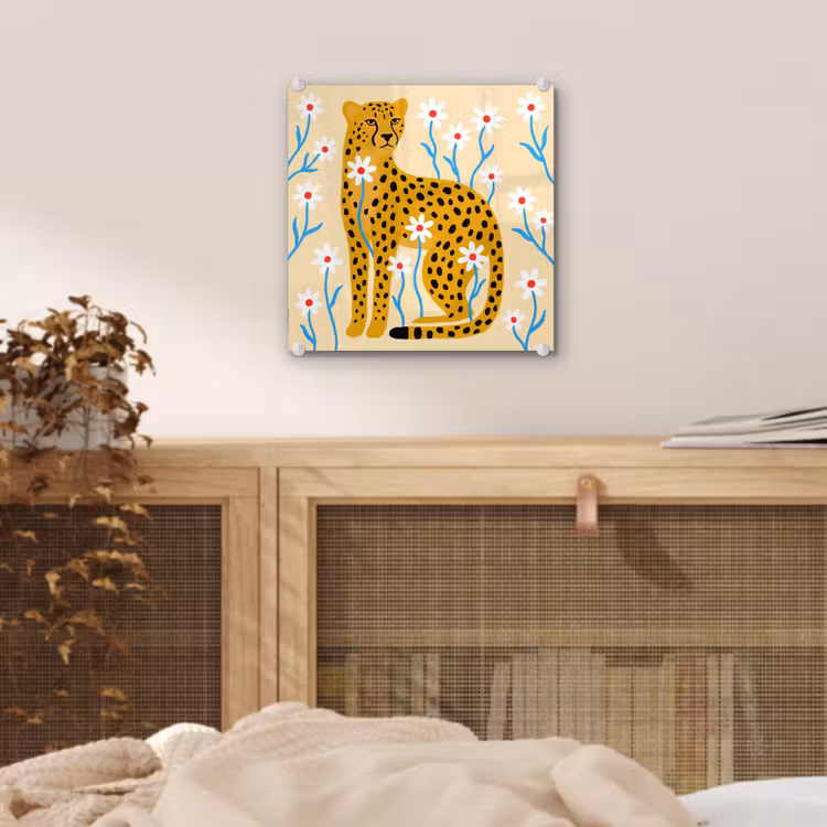 Glas schilderij - Dieren - Jachtluipaard - Bloemen - Modern - Geel — 5
