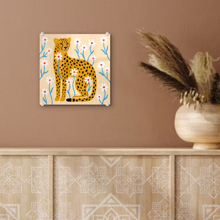 Glas schilderij - Dieren - Jachtluipaard - Bloemen - Modern - Geel — 6