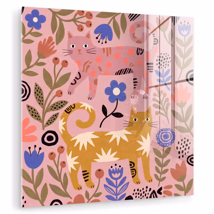 Glas schilderij - Kat - Bloemen - Dieren - Modern - Roze — 1