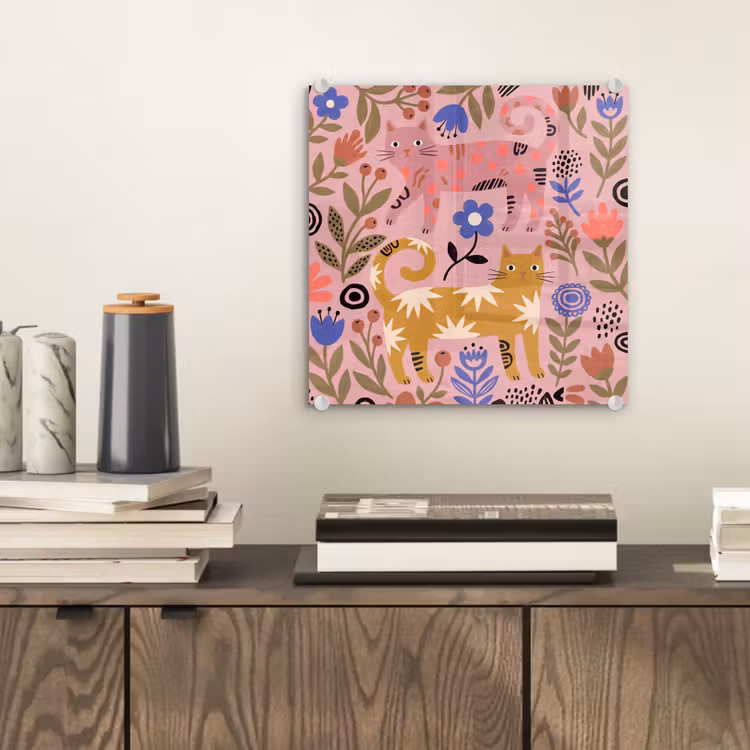 Glas schilderij - Kat - Bloemen - Dieren - Modern - Roze — 2