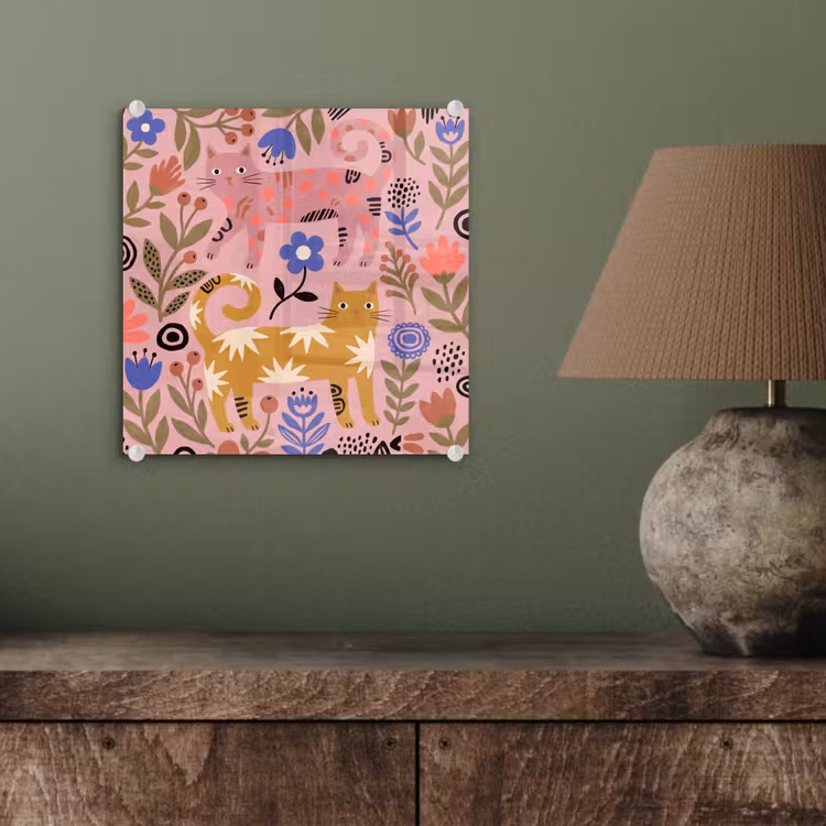 Glas schilderij - Kat - Bloemen - Dieren - Modern - Roze — 4