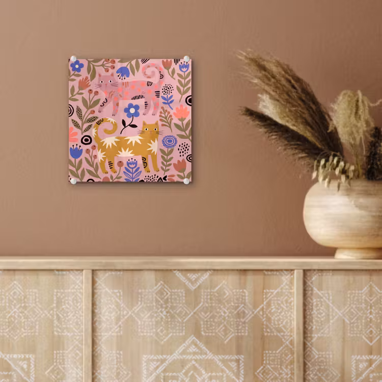 Glas schilderij - Kat - Bloemen - Dieren - Modern - Roze — 6