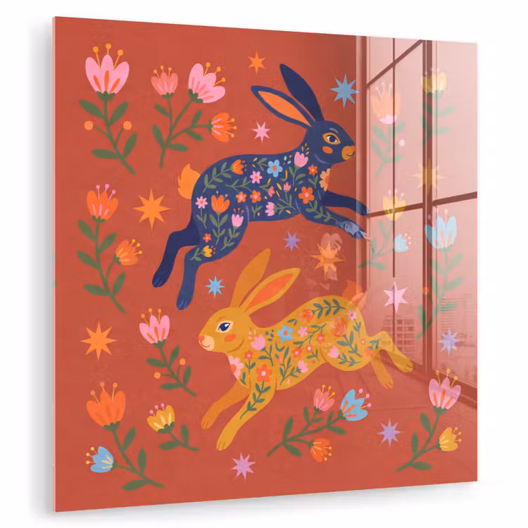 Glas schilderij - Konijn - Bloemen - Folk Art - Kleurrijk - Dieren — 1