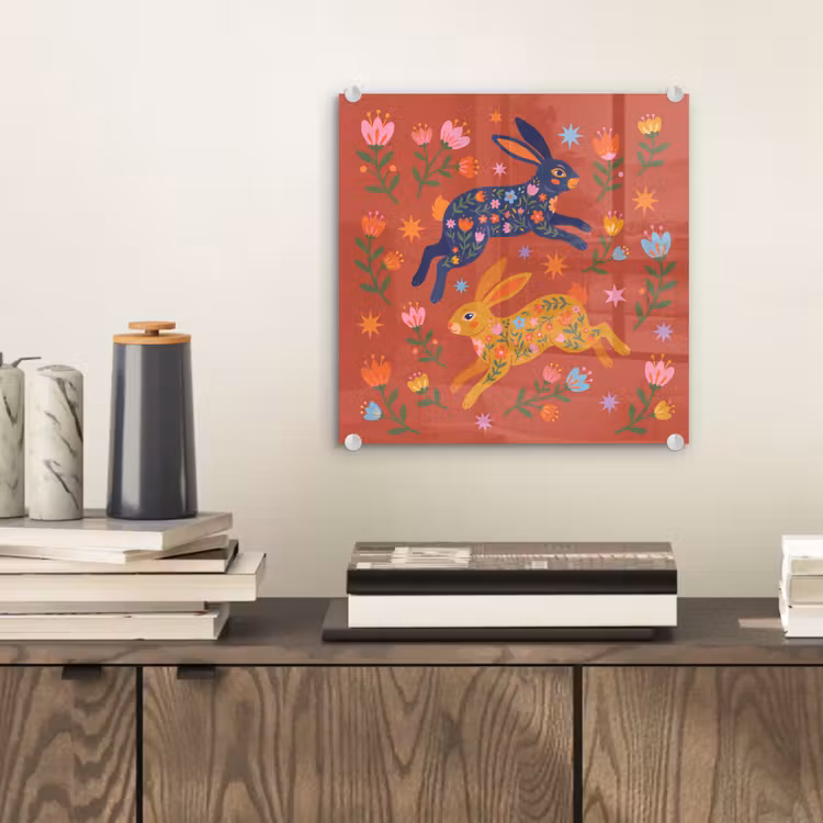 Glas schilderij - Konijn - Bloemen - Folk Art - Kleurrijk - Dieren — 2