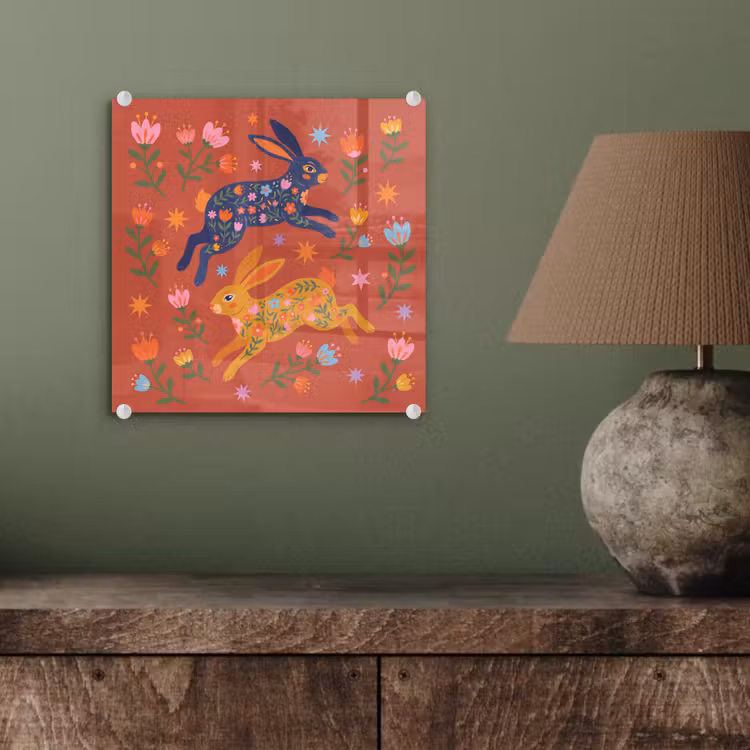 Glas schilderij - Konijn - Bloemen - Folk Art - Kleurrijk - Dieren — 4