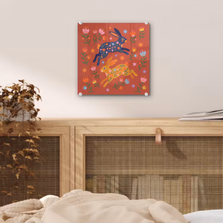 Glas schilderij - Konijn - Bloemen - Folk Art - Kleurrijk - Dieren — 5