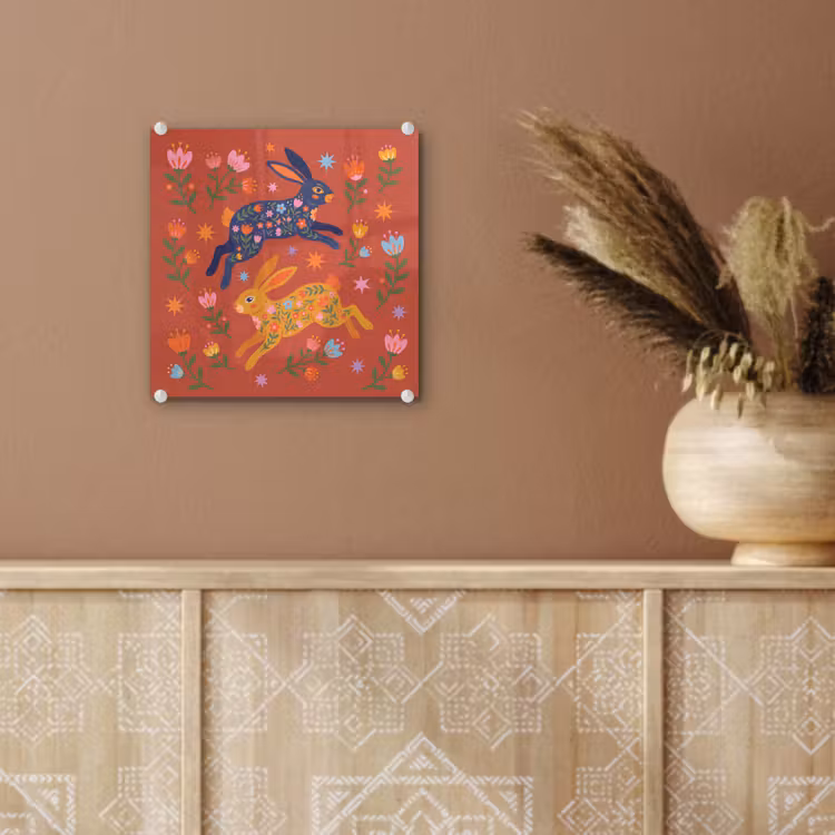 Glas schilderij - Konijn - Bloemen - Folk Art - Kleurrijk - Dieren — 6