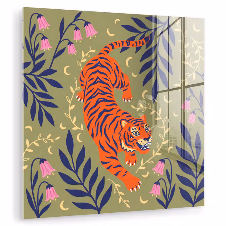 Glas schilderij - Tijger - Bladeren - Dieren - Illustratie - Oranje — 1