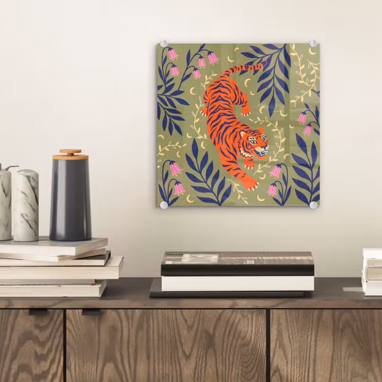 Glas schilderij - Tijger - Bladeren - Dieren - Illustratie - Oranje — 2
