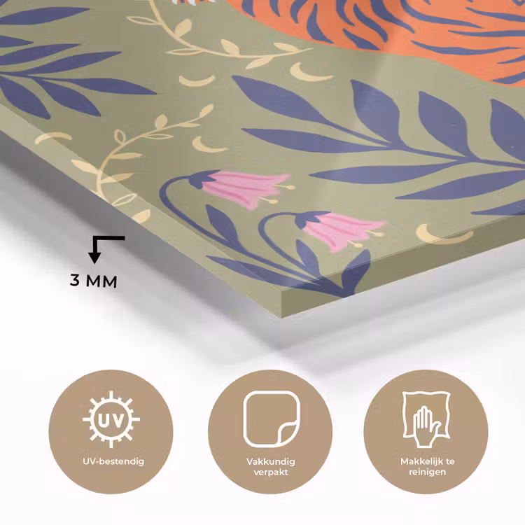 Glas schilderij - Tijger - Bladeren - Dieren - Illustratie - Oranje — 3